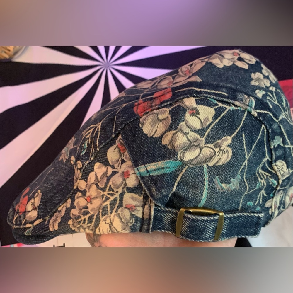 Floral Flat Cap Adjustable Denim Newsboy Hat - Picture 3 of 7